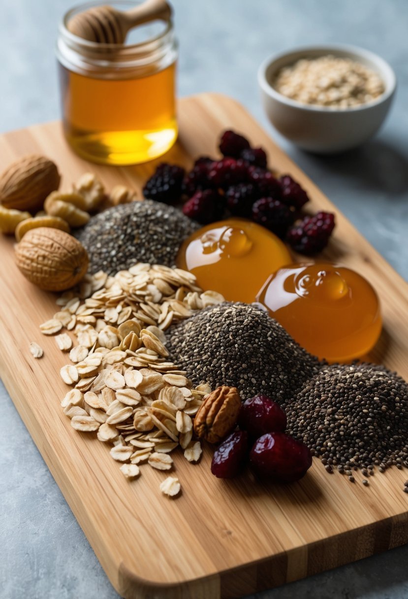 A wooden cutting board with assorted ingredients for chia seed energy bites: chia seeds, oats, honey, nuts, and dried fruits