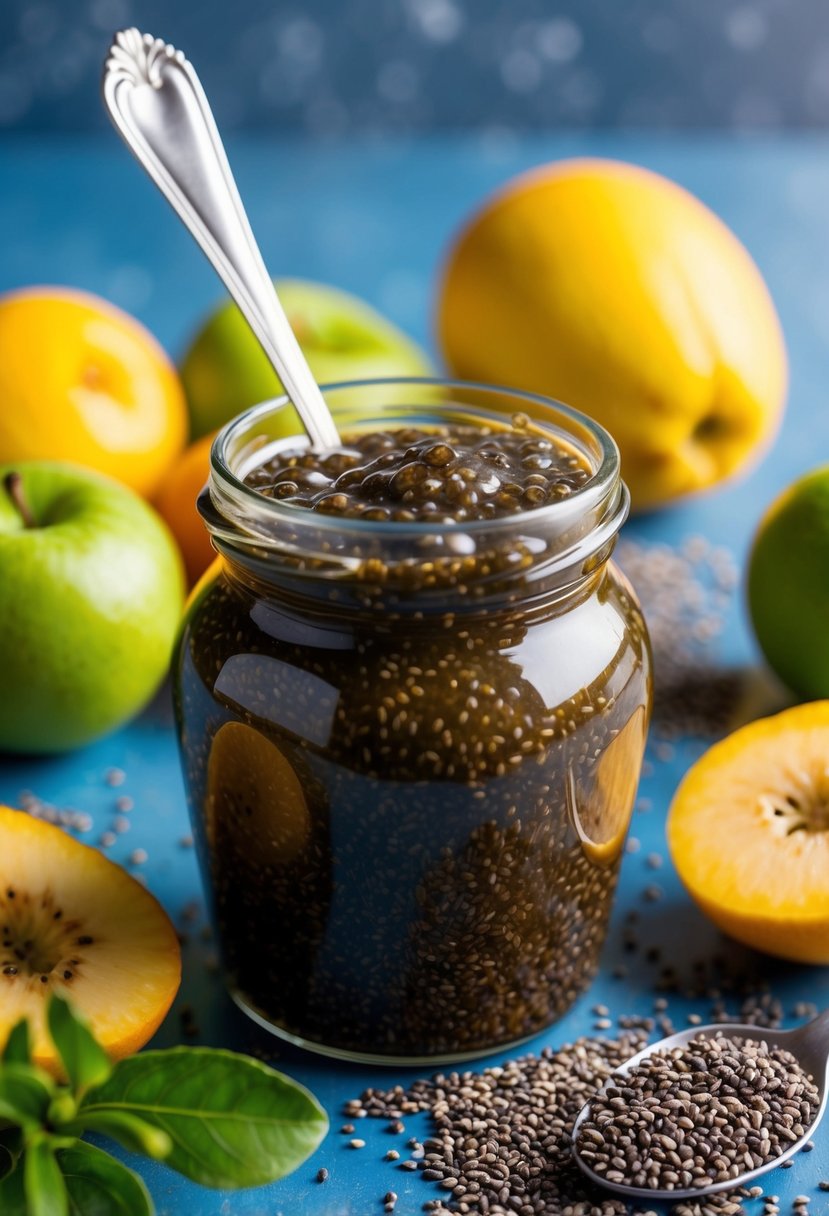 A jar of Chia Seed Jam surrounded by fresh fruit and chia seeds