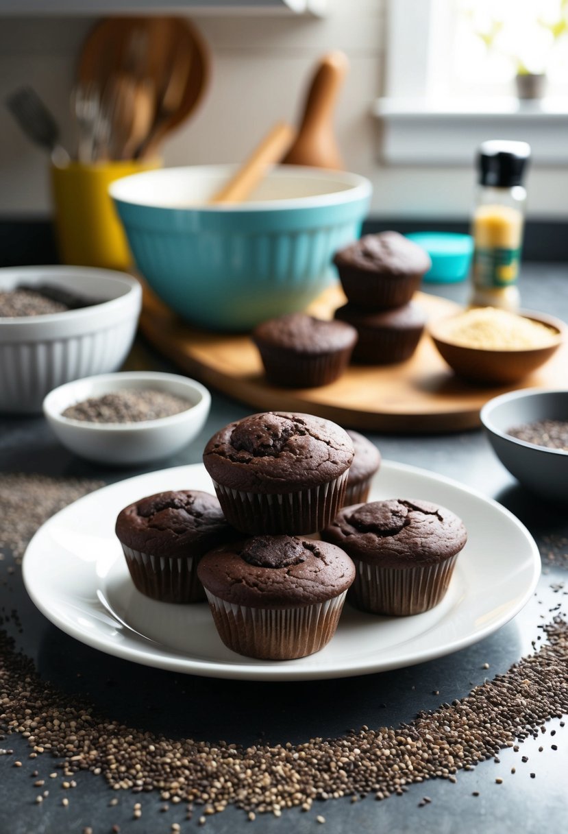 A kitchen counter with a plate of Chia Seed Chocolate Muffins surrounded by scattered chia seeds, a mixing bowl, and ingredients