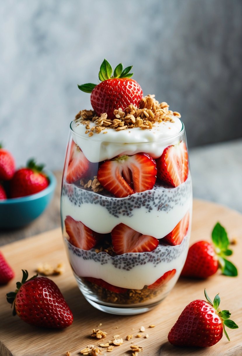 A glass parfait dish filled with layers of vibrant red strawberries, creamy yogurt, and chia seeds, topped with a sprinkle of granola and a fresh mint leaf