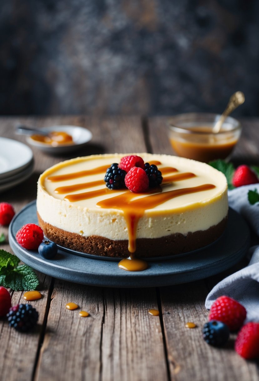 A creamy cheesecake sits on a rustic wooden table, surrounded by fresh berries and a drizzle of caramel sauce