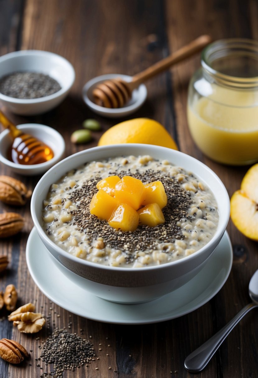 A bowl of oatmeal topped with chia seeds, surrounded by ingredients like honey, fruit, and nuts on a wooden table