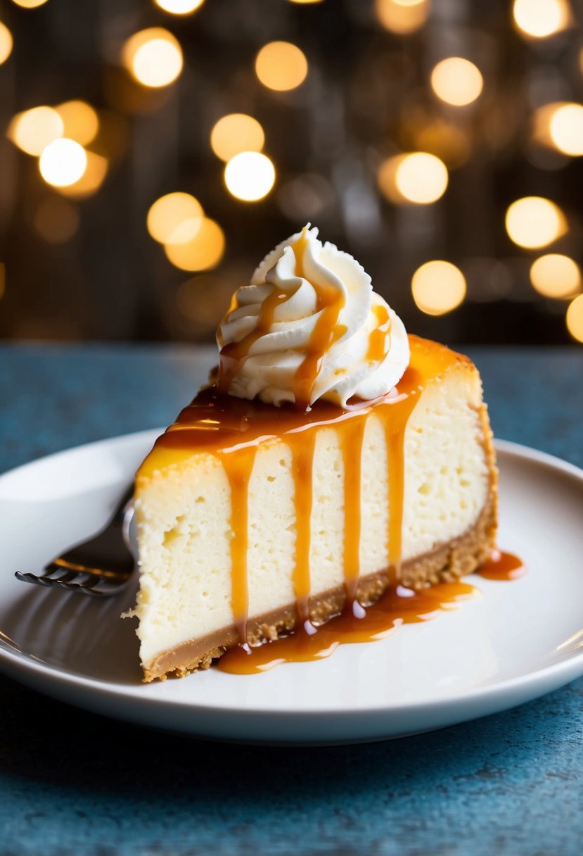 A slice of New York cheesecake sits on a white plate with a dollop of whipped cream and a drizzle of caramel sauce