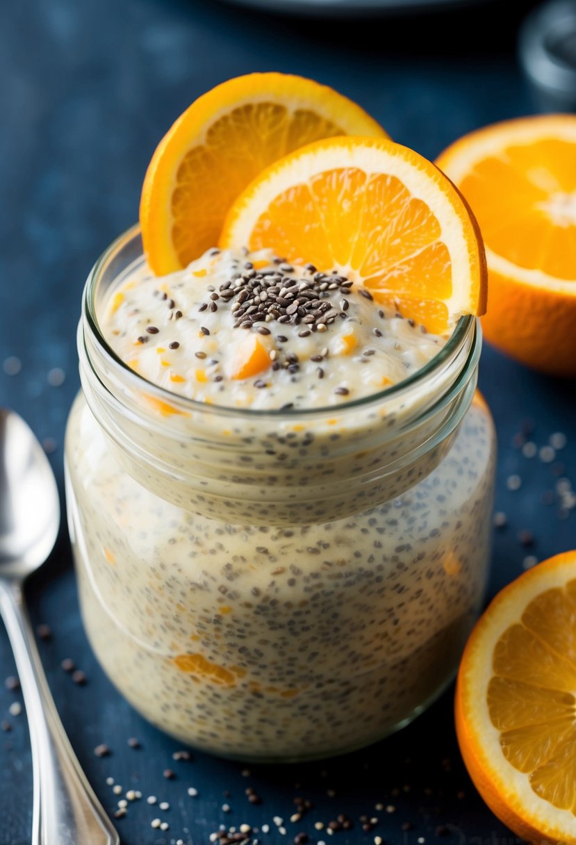 A glass jar filled with creamy orange chia seed pudding, topped with slices of fresh orange and a sprinkle of chia seeds