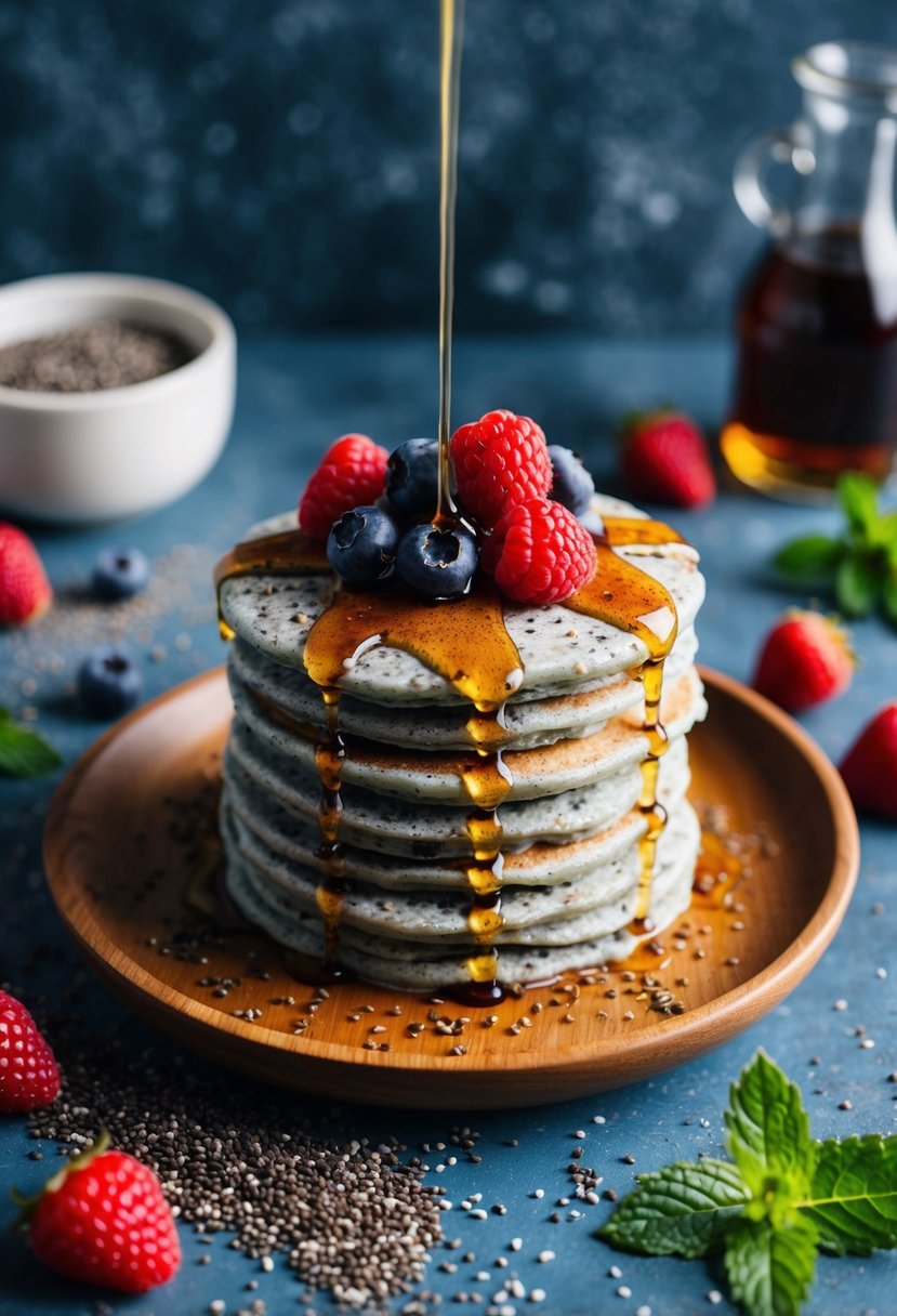 A stack of chia seed pancakes topped with fresh berries and drizzled with maple syrup on a wooden plate, surrounded by scattered chia seeds and a sprig of mint