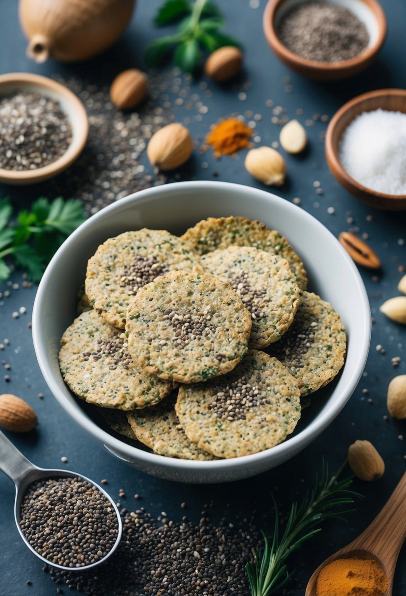 A bowl of chia seed crackers surrounded by scattered chia seeds and various ingredients like herbs, spices, and nuts