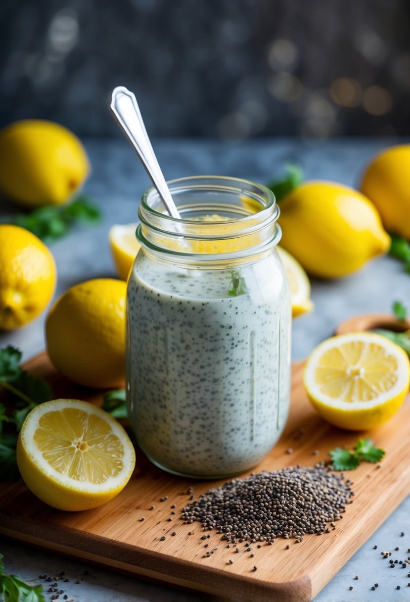 A glass jar filled with lemon chia seed salad dressing surrounded by fresh lemons and scattered chia seeds on a wooden cutting board