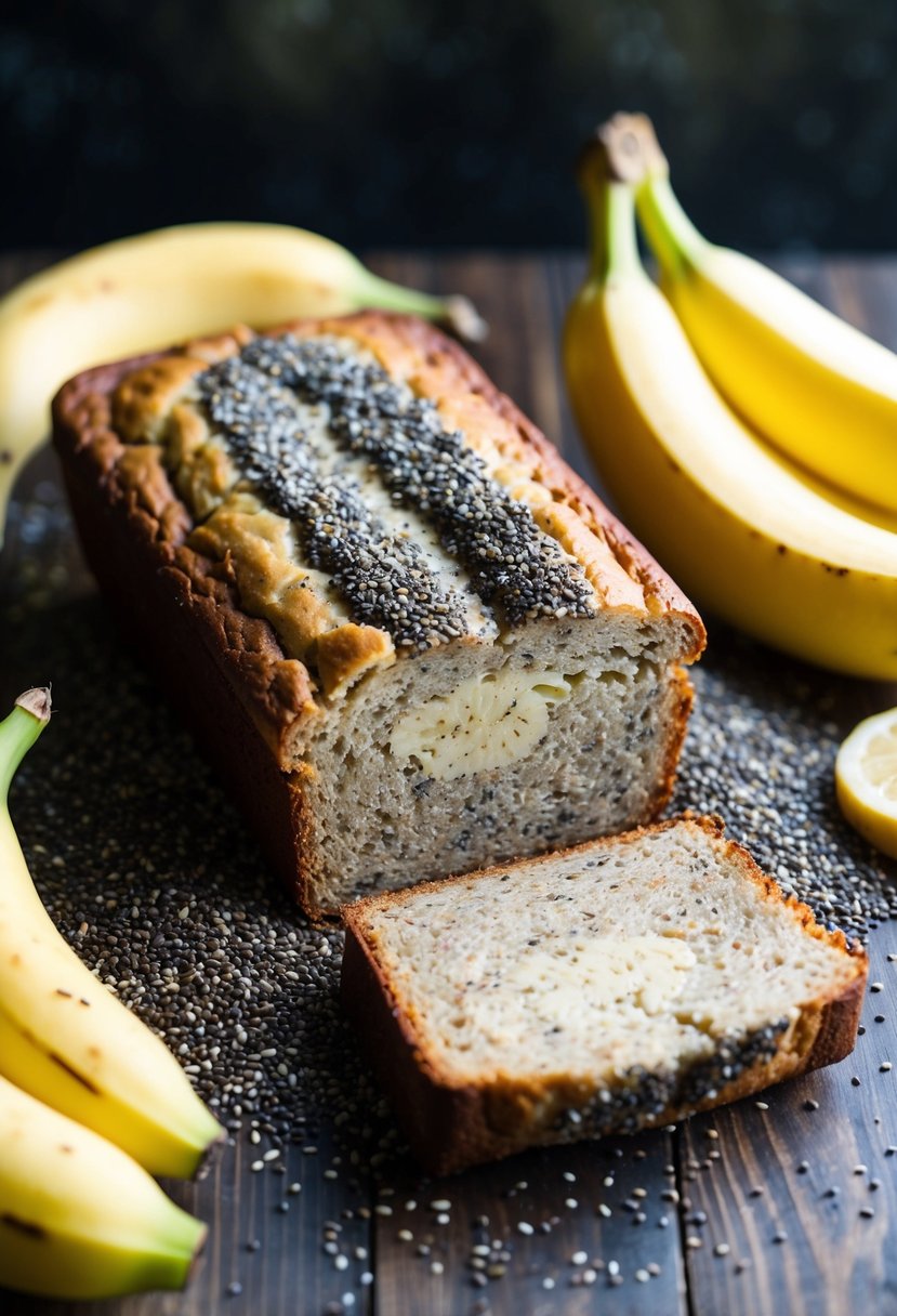 A loaf of Chia Seed Banana Bread surrounded by scattered chia seeds and ripe bananas