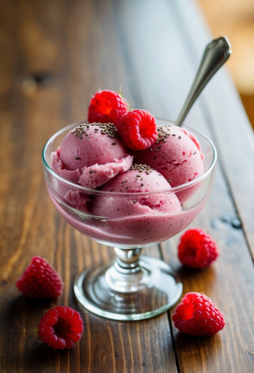 A glass bowl filled with vibrant raspberry chia seed sorbet, garnished with fresh raspberries and chia seeds, sitting on a wooden table