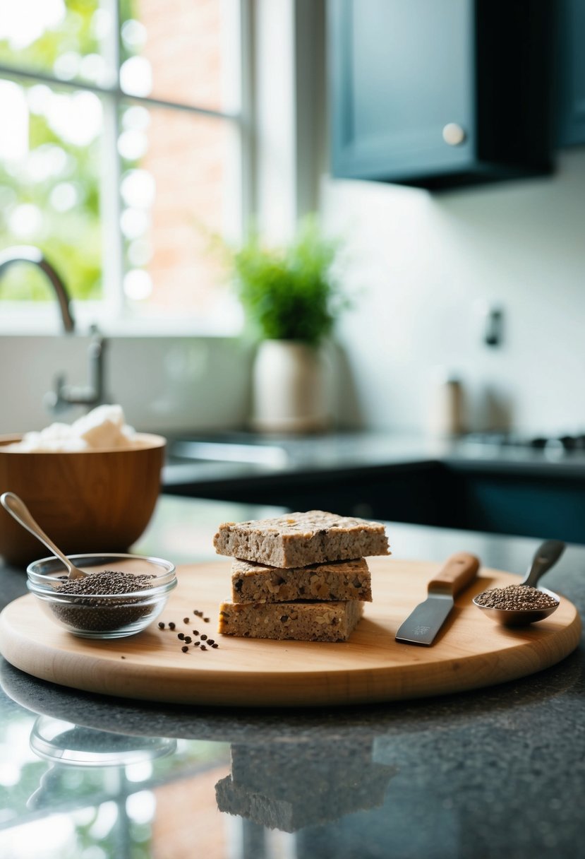 A kitchen counter with ingredients and tools for making Chia Seed Protein Bars