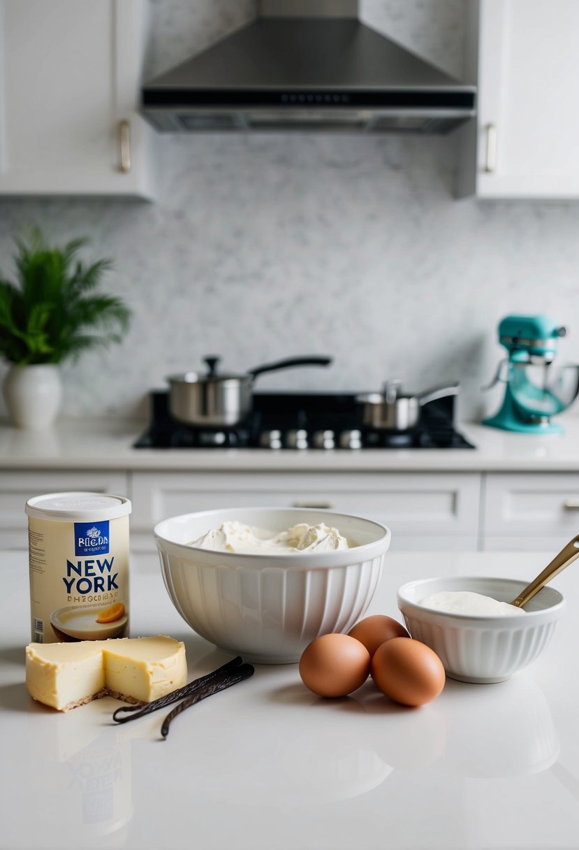 A pristine kitchen counter with a mixing bowl, cream cheese, eggs, sugar, and vanilla extract set out for a New York cheesecake recipe