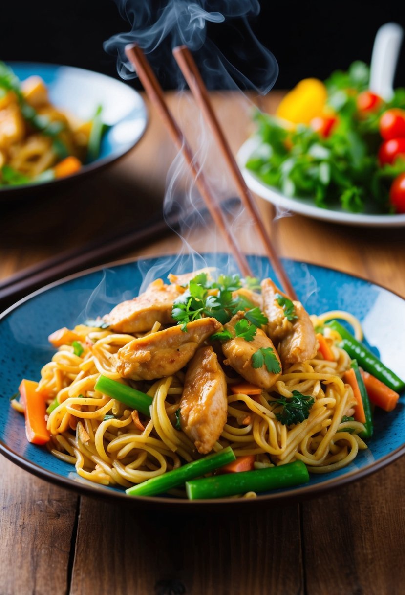 A steaming plate of Chicken Lo Mein surrounded by colorful vegetables and chopsticks on a wooden table