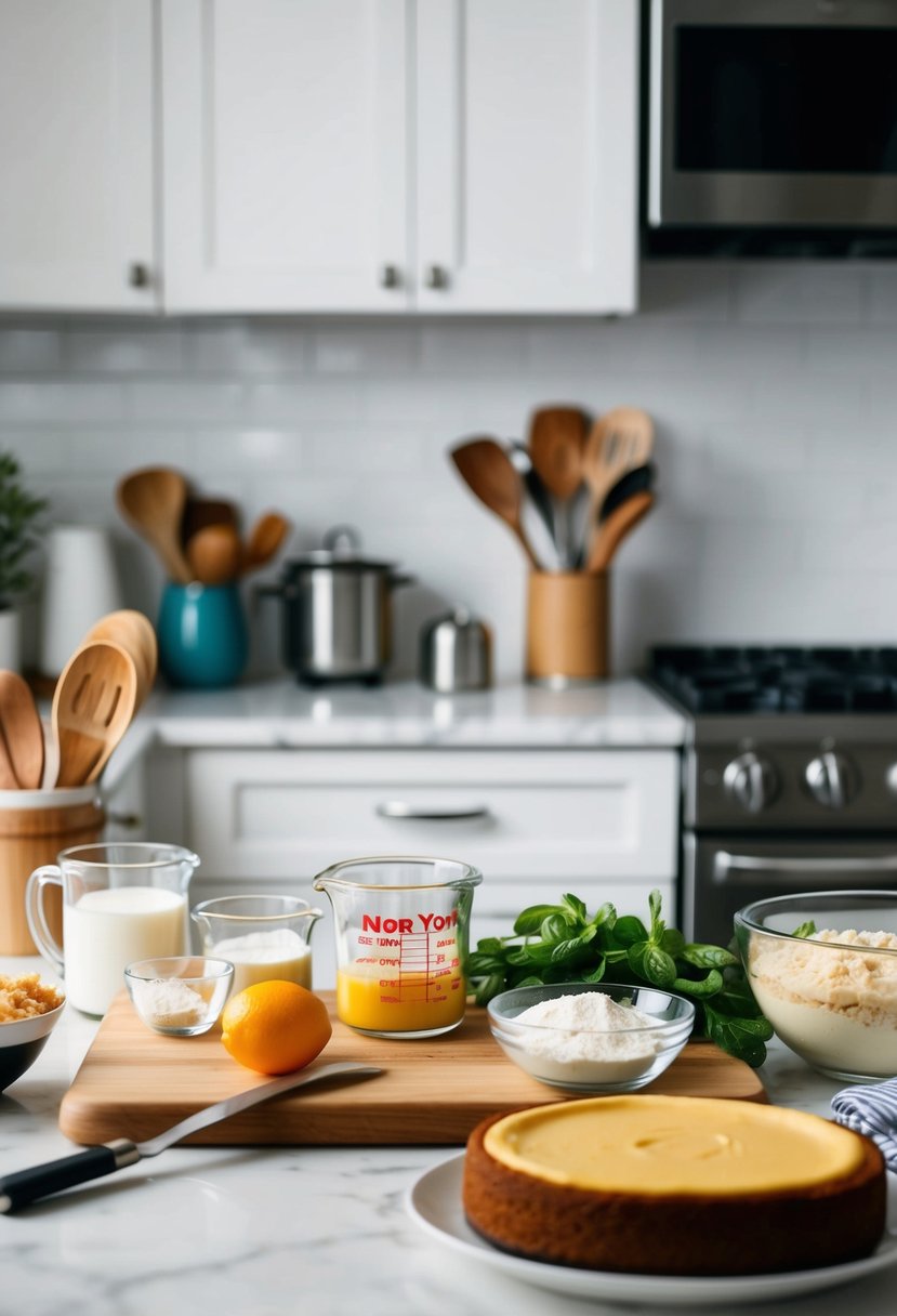 A kitchen counter with ingredients and utensils for making New York cheesecake