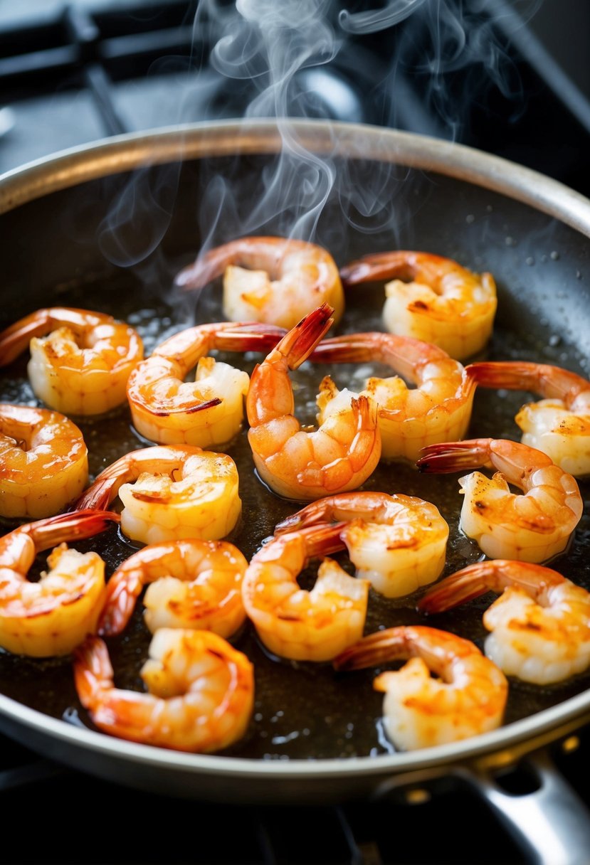 Fresh shrimp sizzling in a hot pan, with steam rising and a golden sear forming on the outside