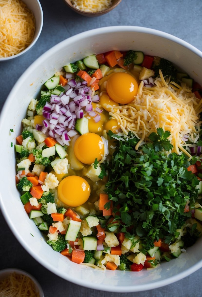 A colorful array of chopped vegetables, eggs, and cheese mixed together in a bowl, ready to be poured into a baking dish