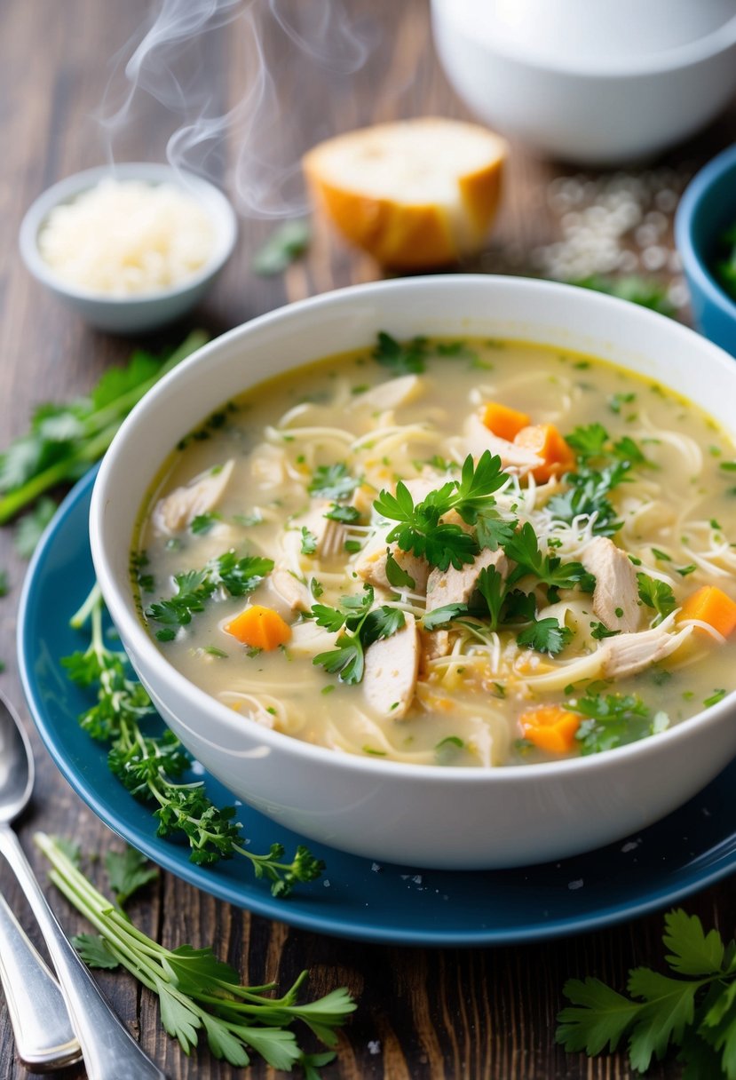 A steaming bowl of French Onion Chicken Soup surrounded by fresh herbs and a sprinkle of cheese