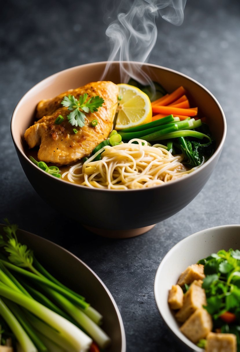 A bowl filled with lemongrass chicken, noodles, and assorted vegetables, with steam rising from the dish