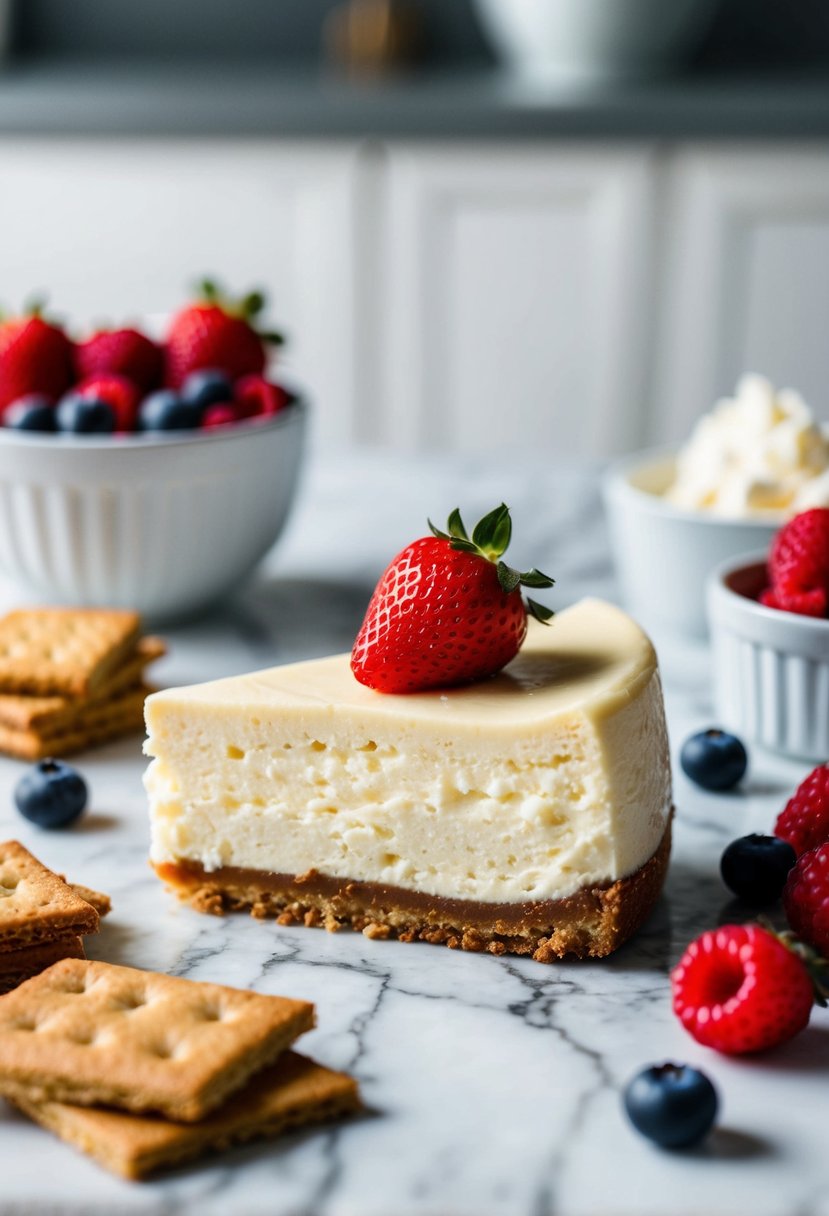 A slice of New York cheesecake surrounded by ingredients like cream cheese, graham crackers, and fresh berries on a marble countertop