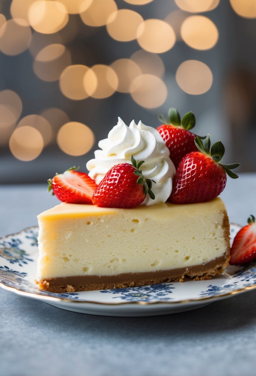 A slice of New York cheesecake topped with fresh strawberries and a dollop of whipped cream on a decorative plate