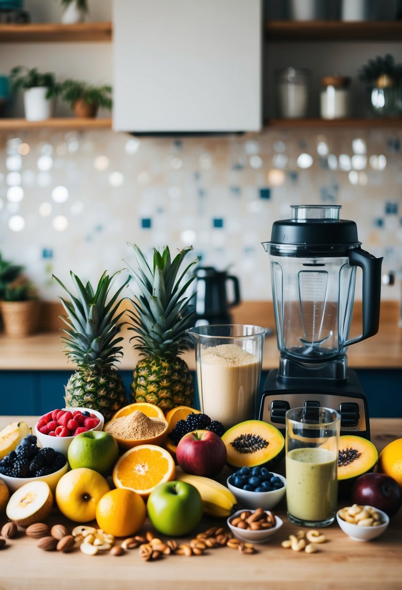 A colorful array of fresh fruits, nuts, and protein powders arranged on a kitchen counter, with a blender and glass ready for mixing