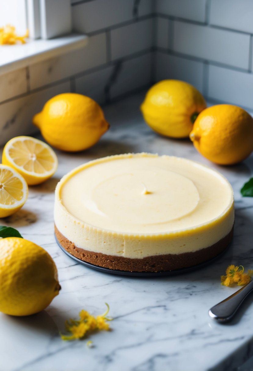 A smooth lemon cheesecake sits on a marble countertop, surrounded by fresh lemons and a hint of yellow zest