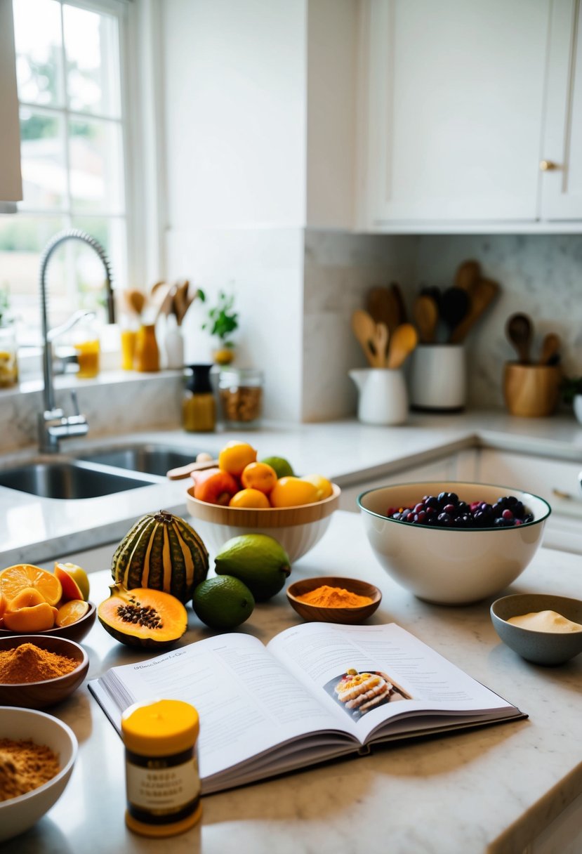 A kitchen counter with various ingredients and utensils for baking, including exotic fruits and spices, alongside a recipe book open to a page on unique cake recipes