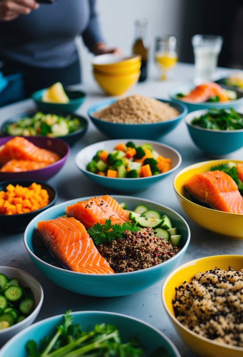 A table set with colorful bowls of salmon, quinoa, and assorted vegetables, with a variety of high-protein ingredients scattered around