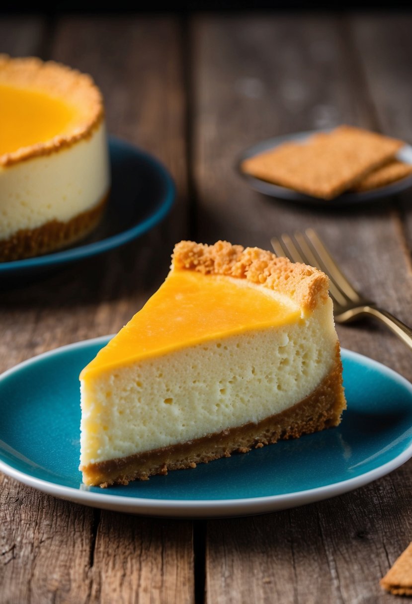 A slice of New York cheesecake sits on a rustic wooden table, with a crunchy graham cracker crust contrasting the creamy filling