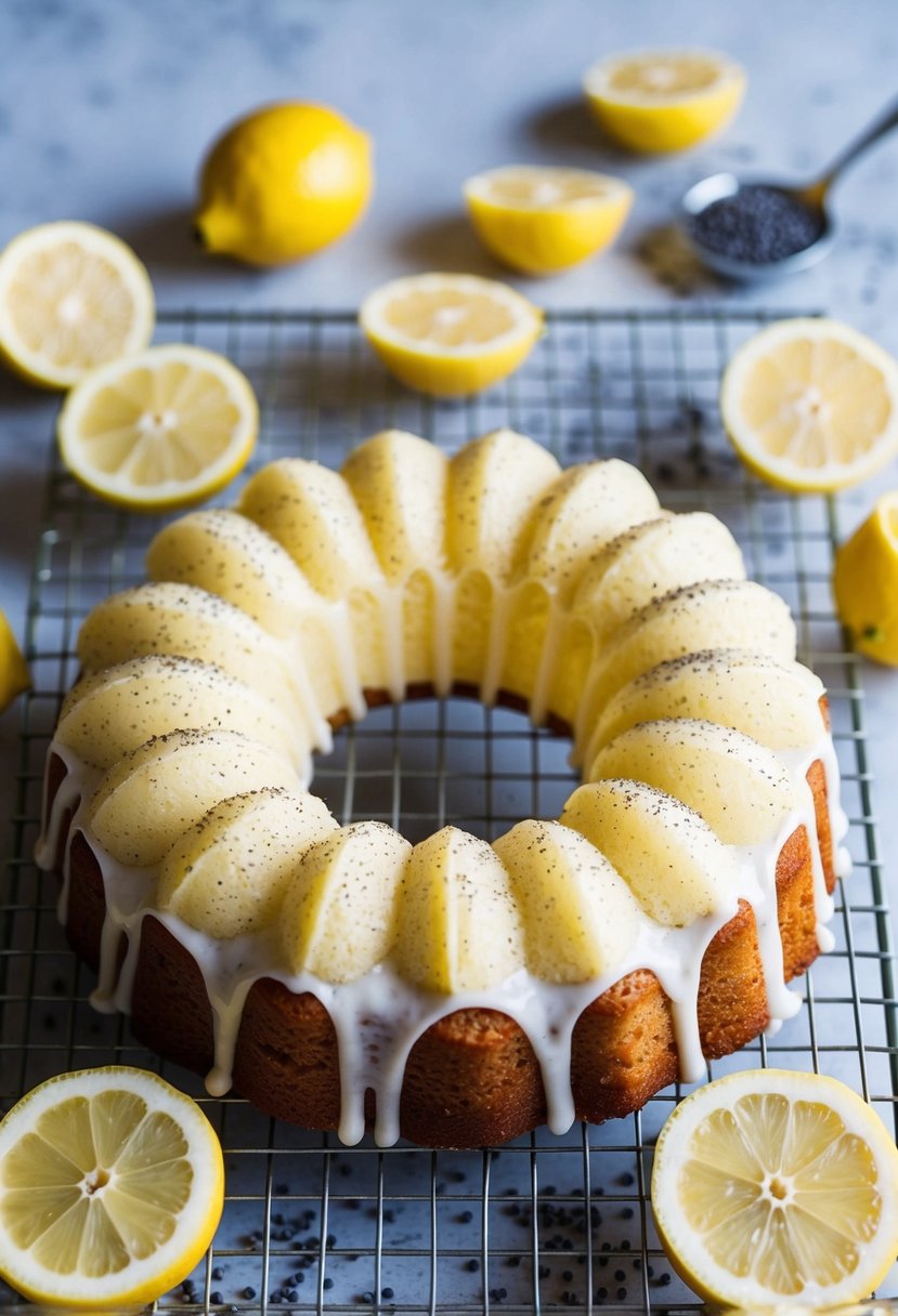 A lemon poppy seed cake cooling on a wire rack, surrounded by scattered poppy seeds and lemon slices