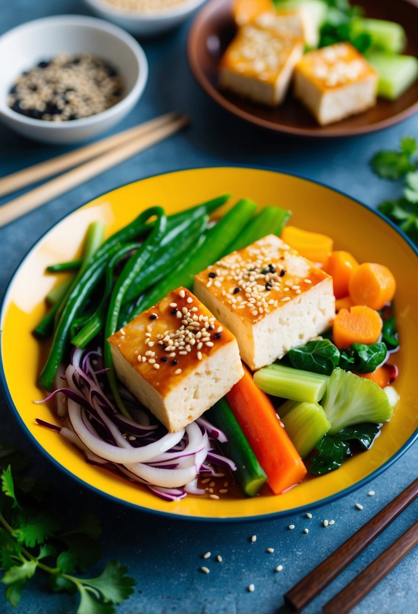 A colorful plate of sweet and sour tofu with a variety of fresh vegetables and a sprinkle of sesame seeds