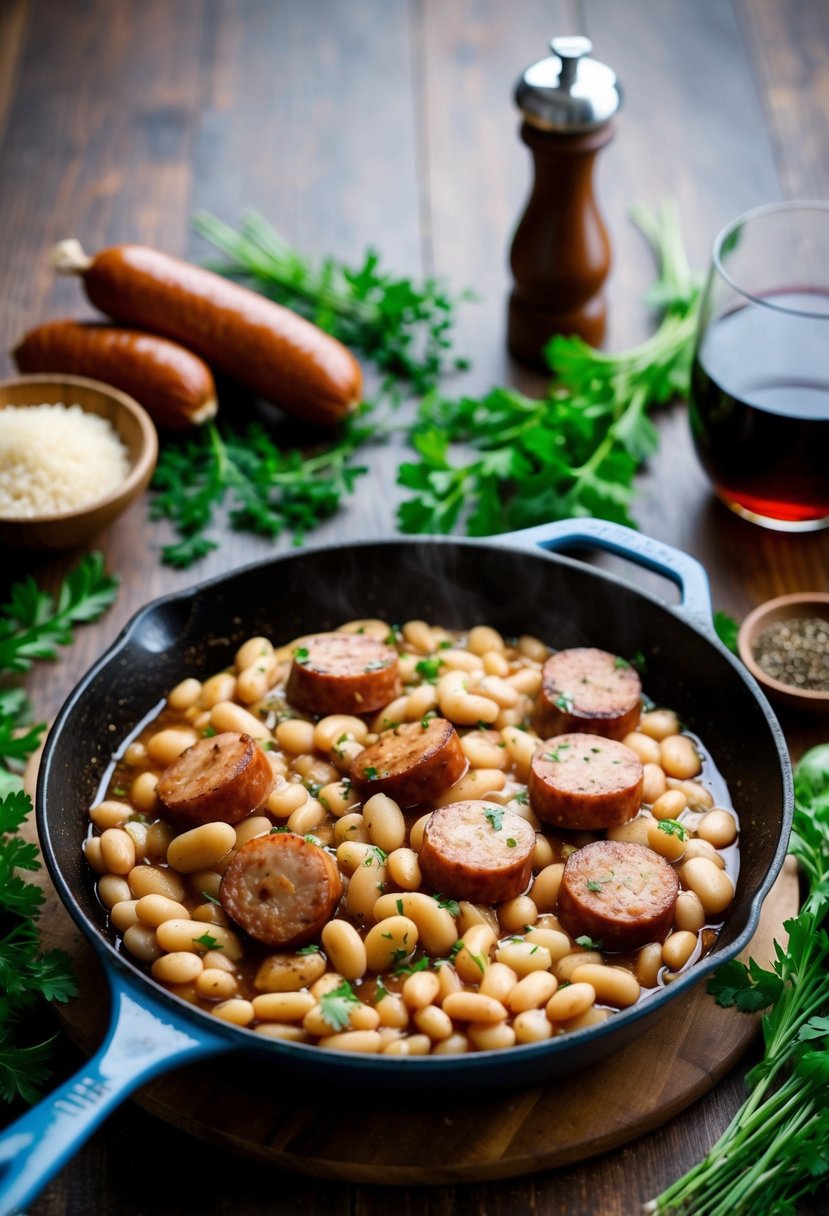 A skillet sizzling with white beans and smoked sausage, surrounded by fresh herbs and spices