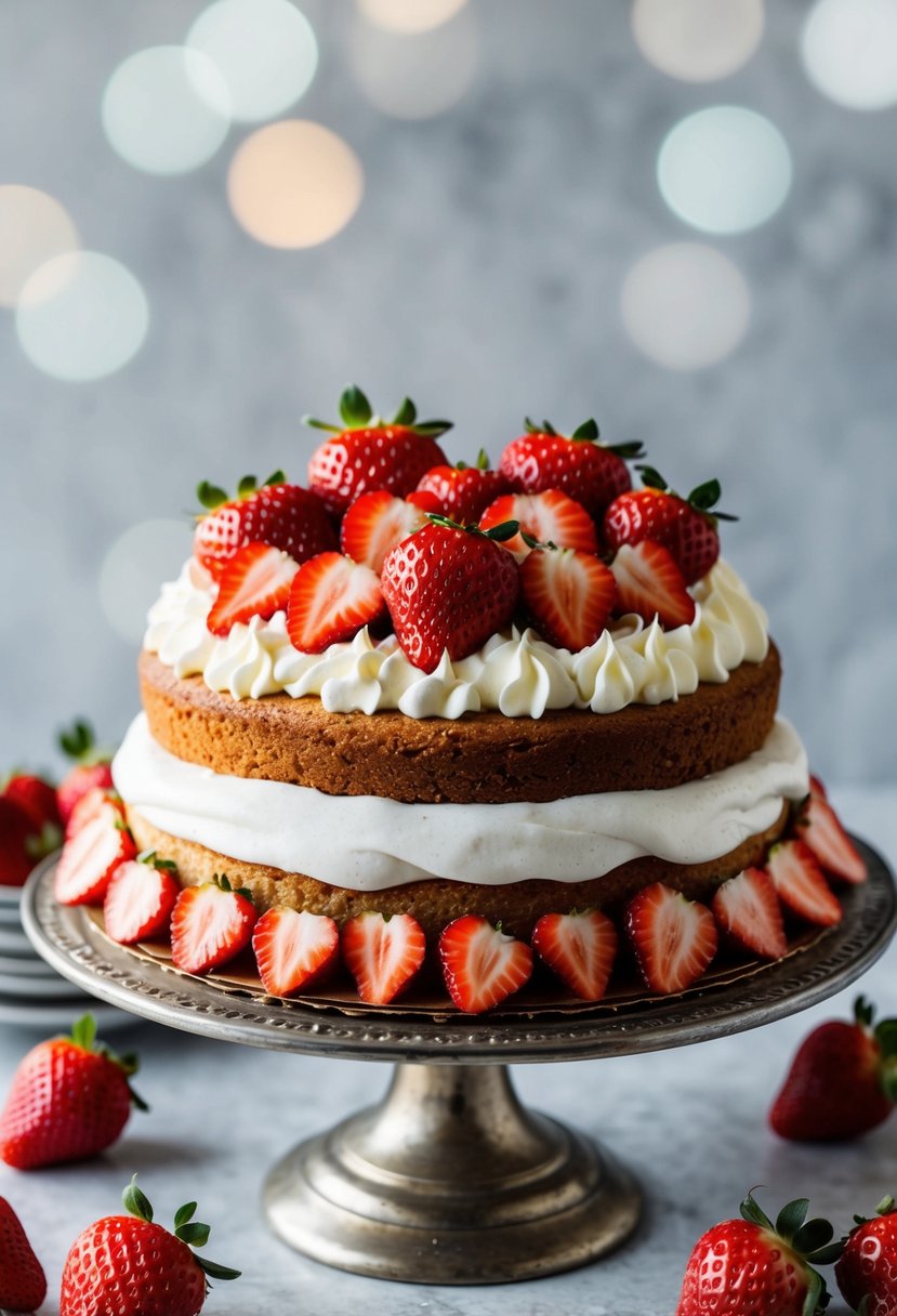 A Fraisier cake surrounded by fresh strawberries and topped with a layer of whipped cream, displayed on a vintage cake stand