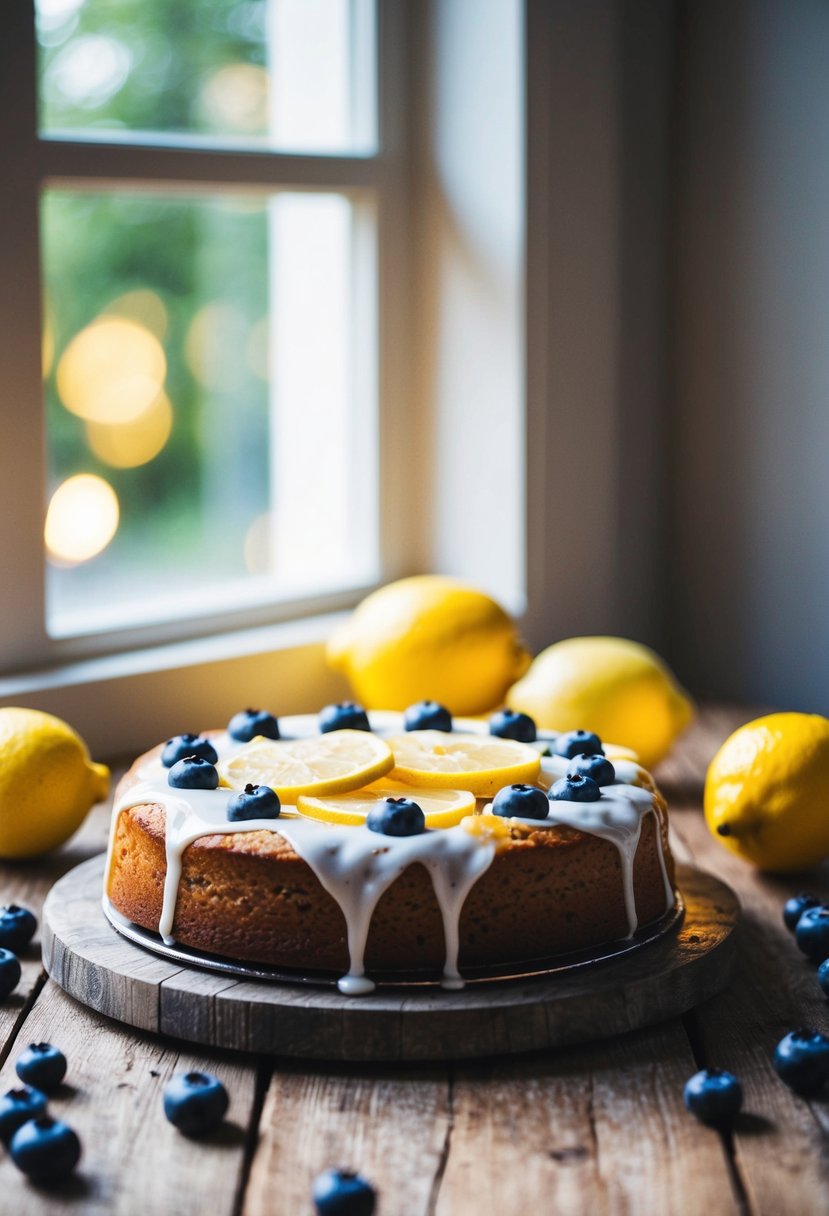 A blueberry lemon coffee cake sits on a rustic wooden table, surrounded by fresh blueberries and lemons. Sunlight streams in through a nearby window, casting a warm glow on the cake