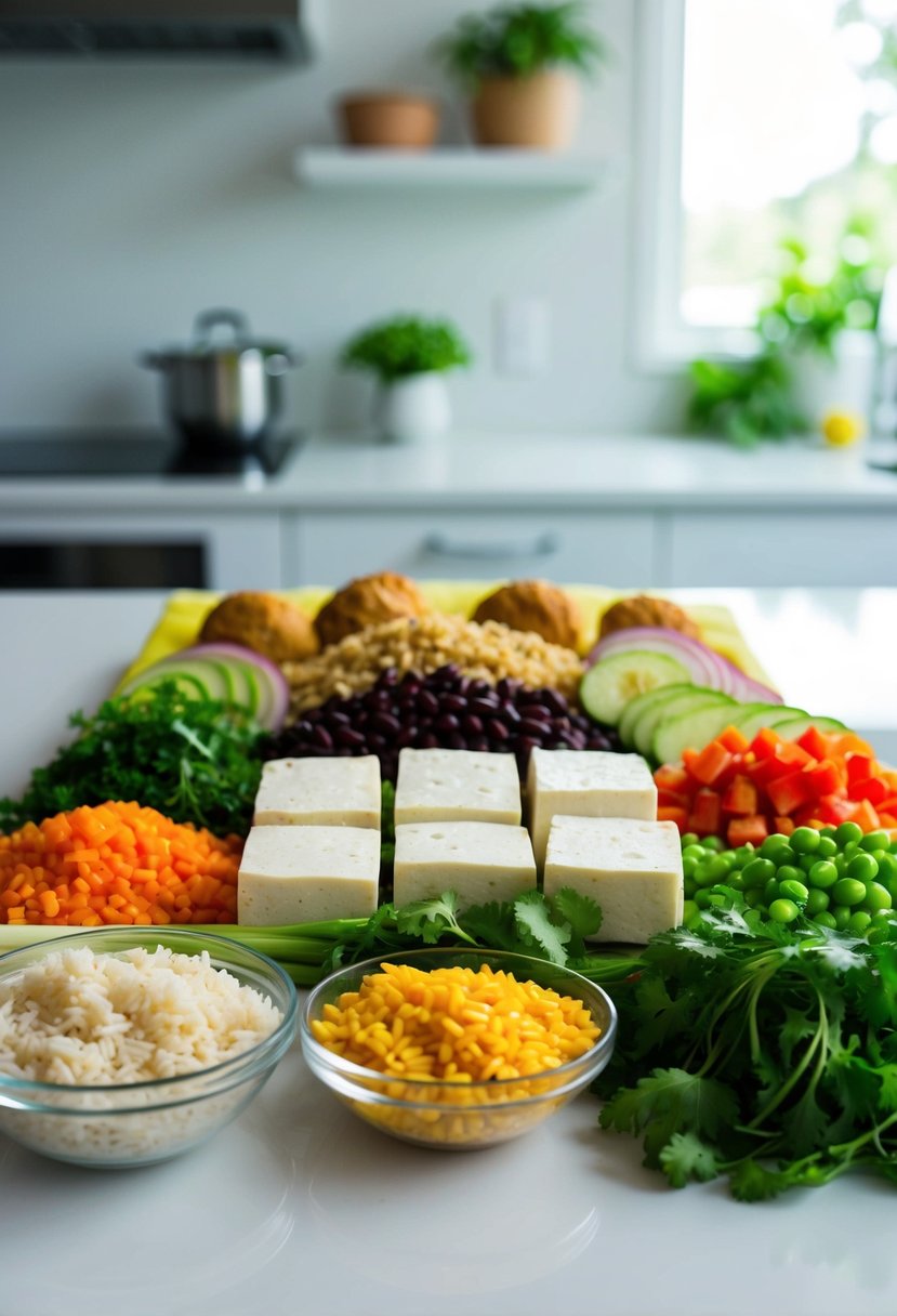 A colorful array of ingredients - tofu, beans, rice, and vegetables - laid out on a clean kitchen counter, ready to be assembled into delicious high-protein tofu burritos