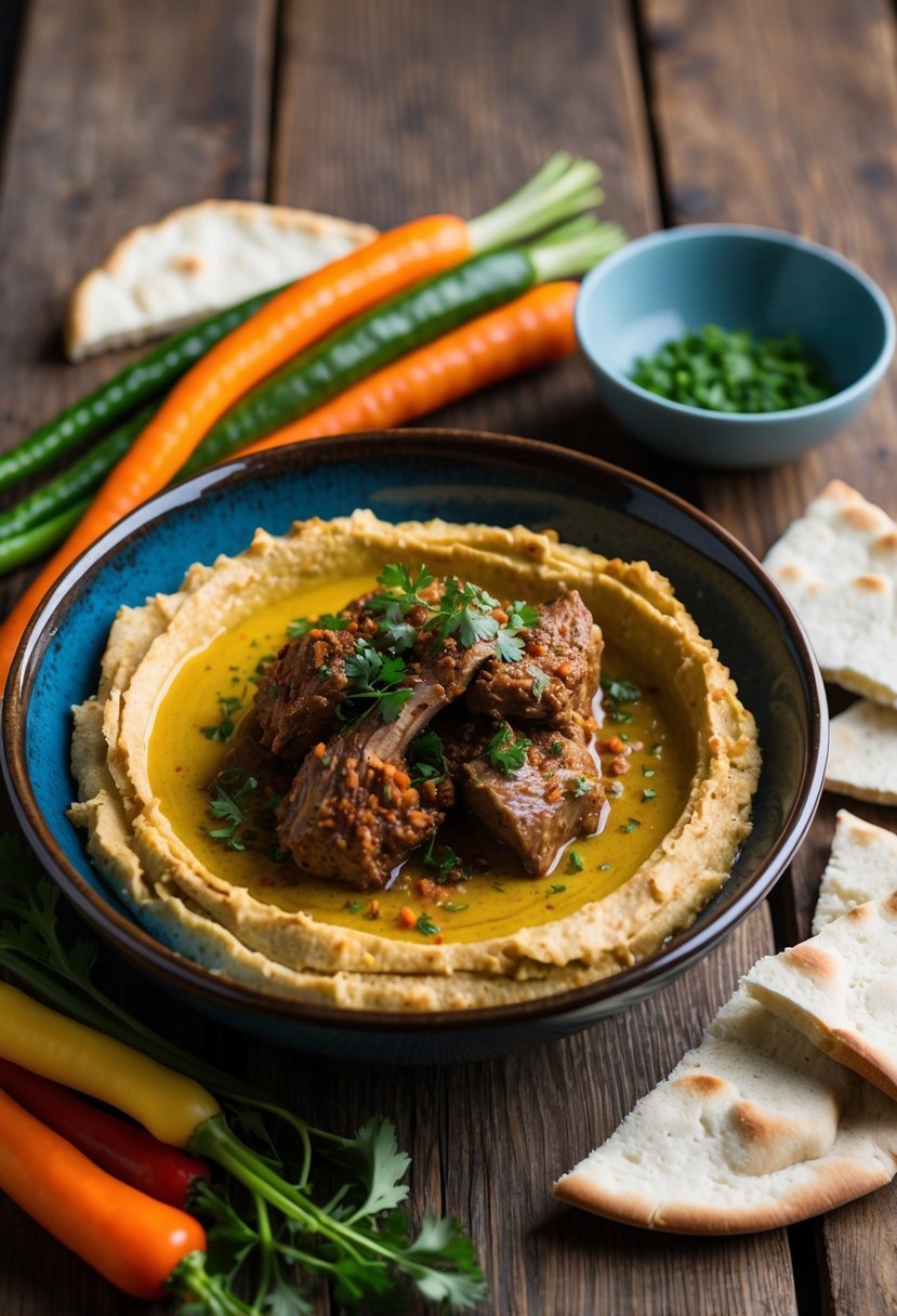 A rustic wooden table with a ceramic bowl filled with creamy hummus and topped with spiced lamb, surrounded by colorful vegetables and pita bread