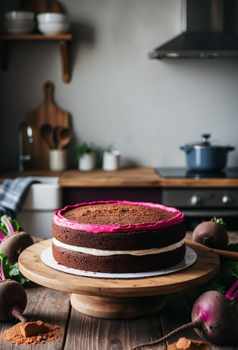 A rustic kitchen with a chocolate beetroot cake on a wooden table, surrounded by fresh beets and cocoa powder