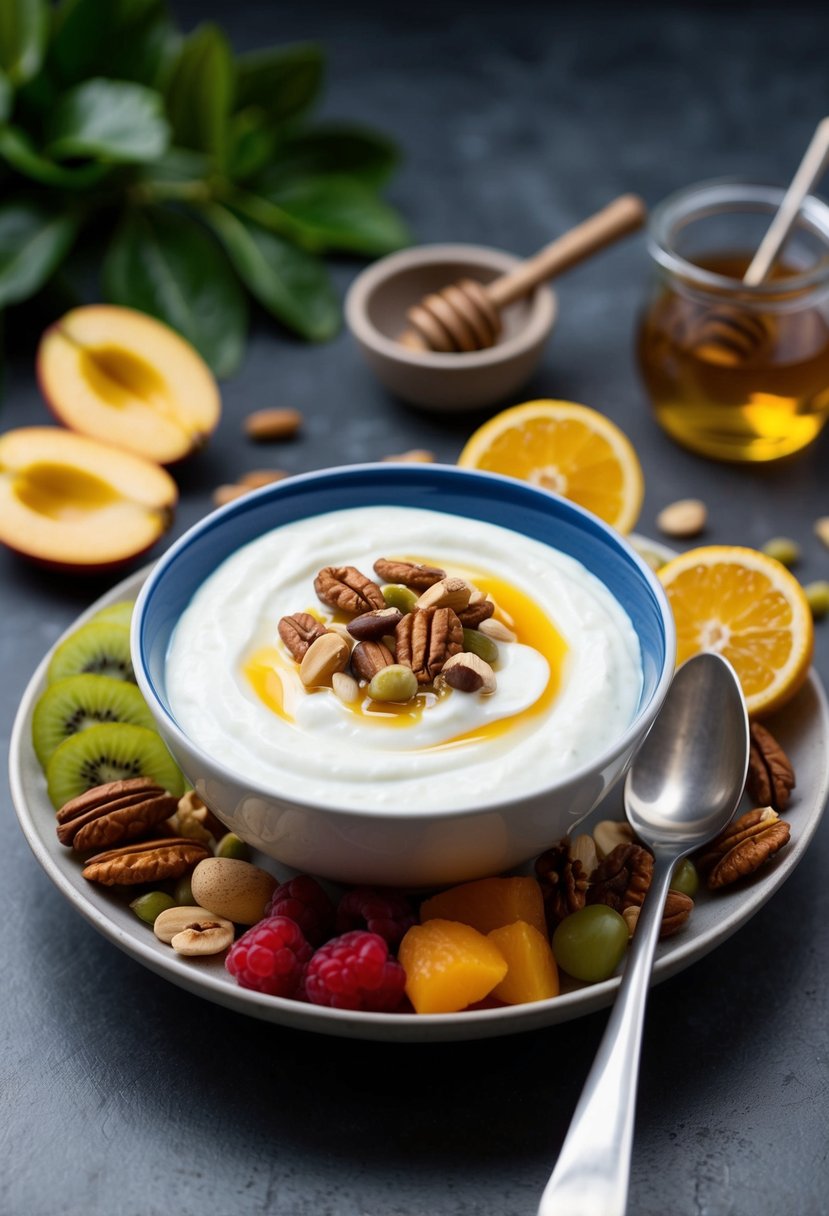 A bowl of plain Greek yogurt surrounded by a variety of fresh fruits, nuts, and honey, with a spoon resting on the side