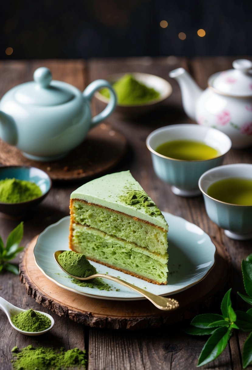 A slice of matcha green tea cake on a rustic wooden table, surrounded by fresh matcha powder, tea leaves, and a delicate tea set