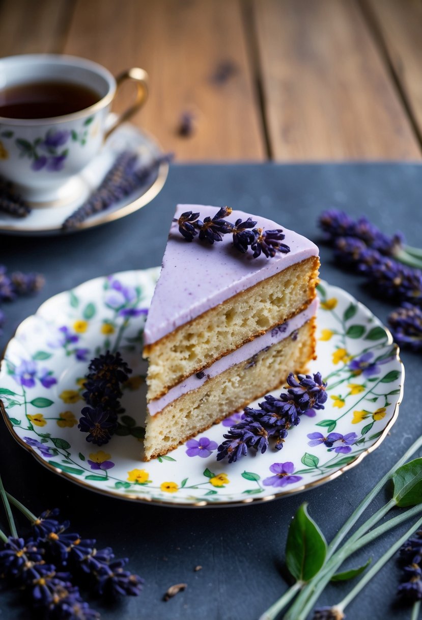 A slice of Earl Grey lavender cake on a floral-patterned plate, surrounded by loose tea leaves and fresh lavender sprigs