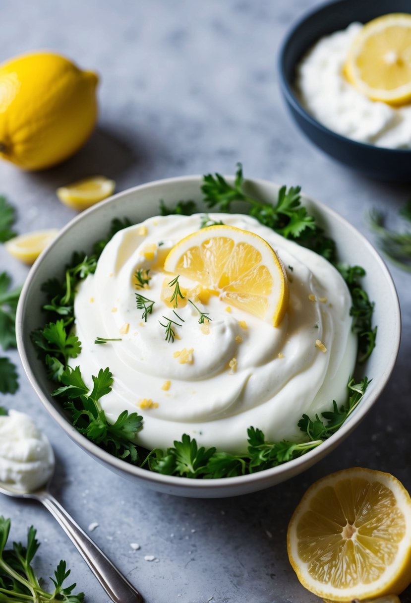 A bowl of Greek yogurt mixed with lemon and garlic, surrounded by fresh herbs and a squeeze of lemon