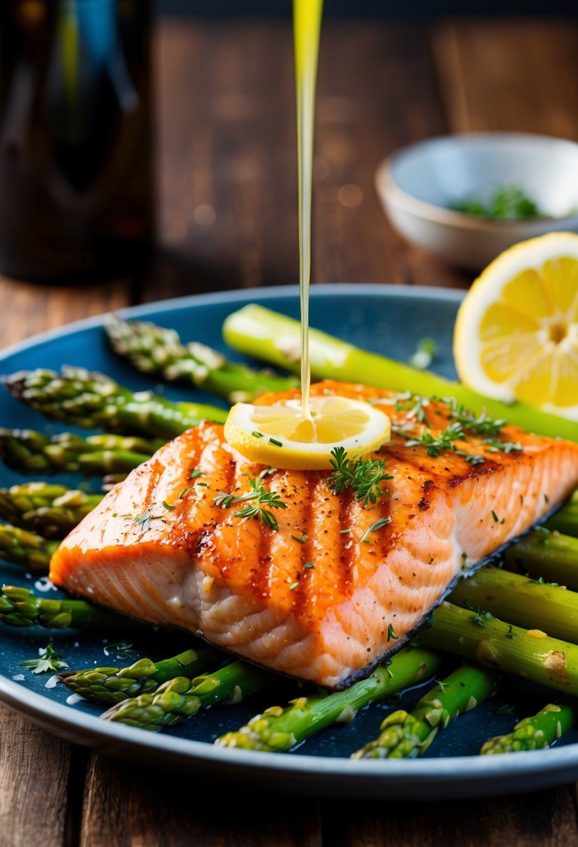 A sizzling grilled salmon fillet sits on a bed of asparagus spears, with a sprinkle of herbs and a drizzle of lemon juice