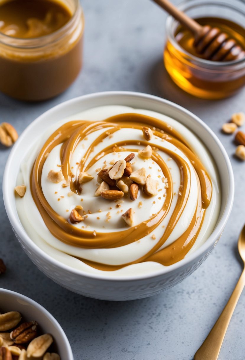 A bowl filled with creamy Greek yogurt topped with swirls of peanut butter and sprinkled with nuts and honey