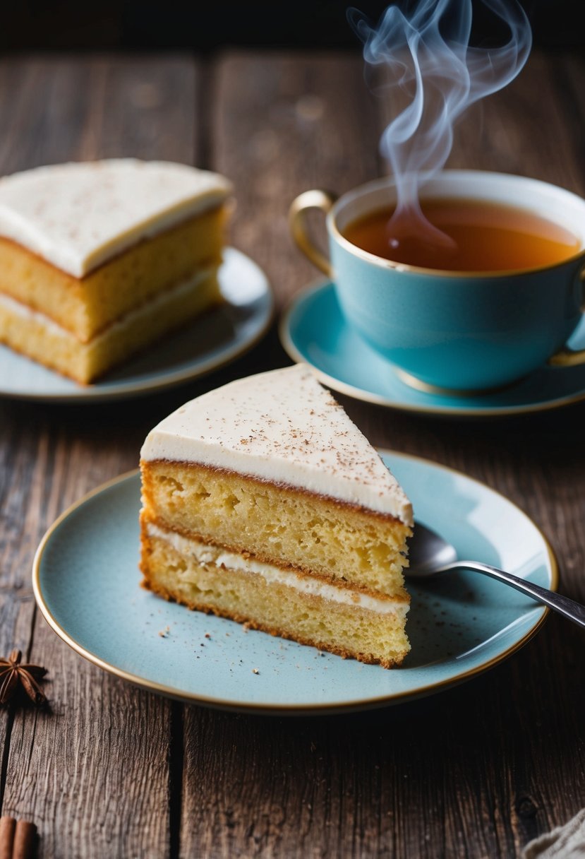 A slice of chai spiced cake on a rustic wooden table with a steaming cup of tea beside it