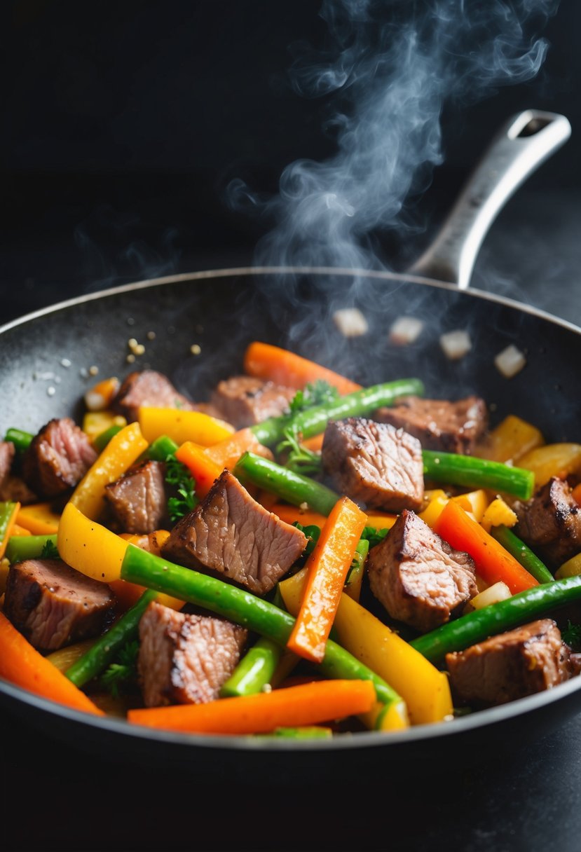 A sizzling stir-fry pan filled with colorful vegetables and juicy chunks of steak, emitting a mouthwatering aroma