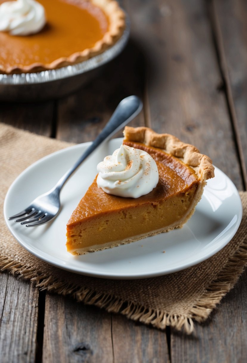 A slice of maple pumpkin pie topped with a dollop of Greek yogurt, set on a rustic wooden table with a fork beside it