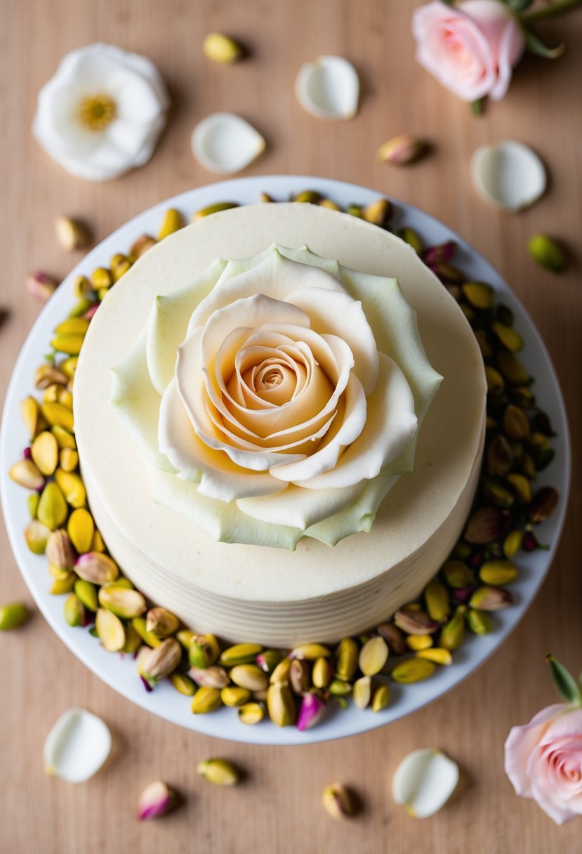 A beautiful pistachio rose cake surrounded by fresh pistachios and delicate rose petals