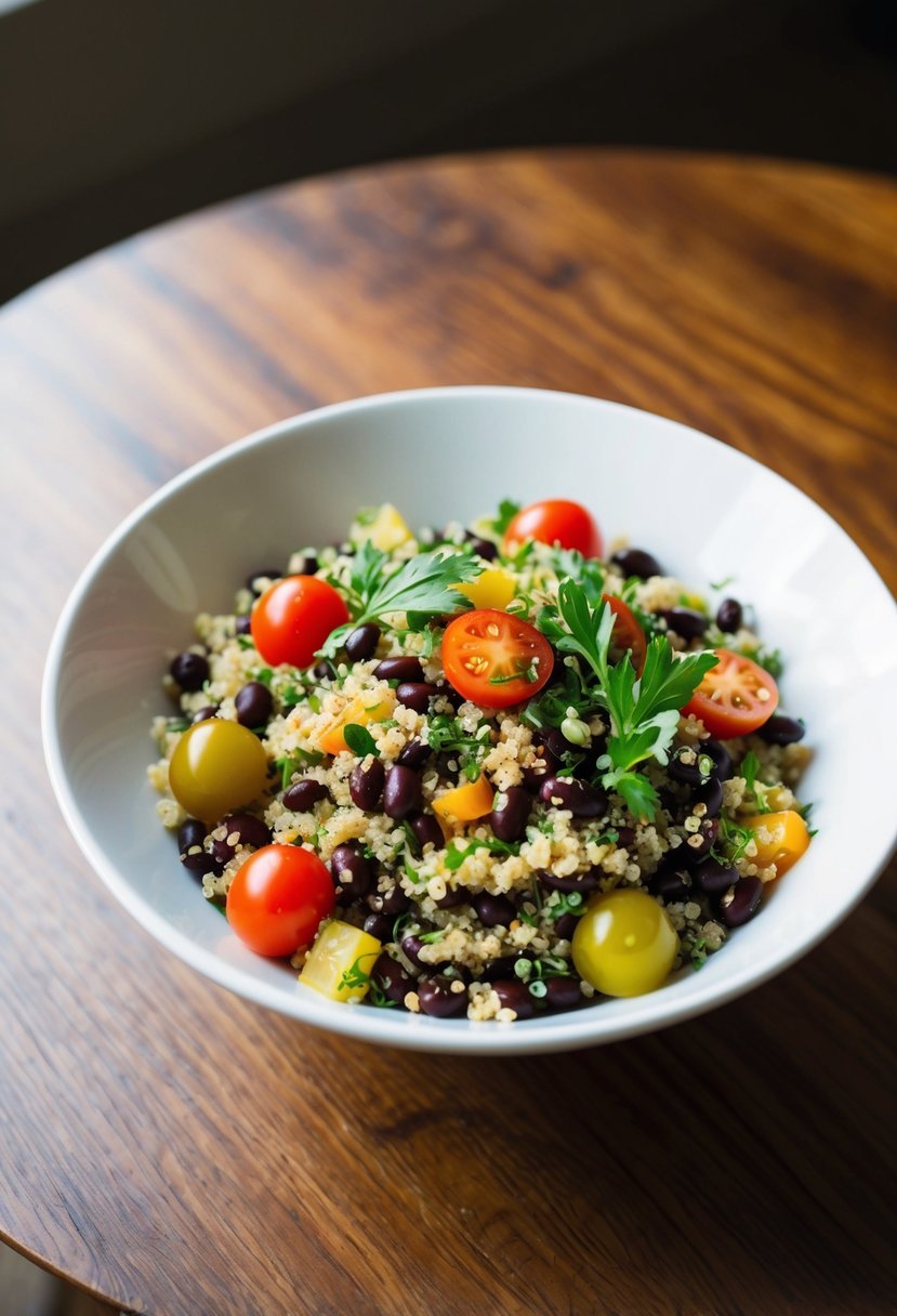 A colorful quinoa salad with black beans, cherry tomatoes, and fresh herbs, served in a white bowl on a wooden table