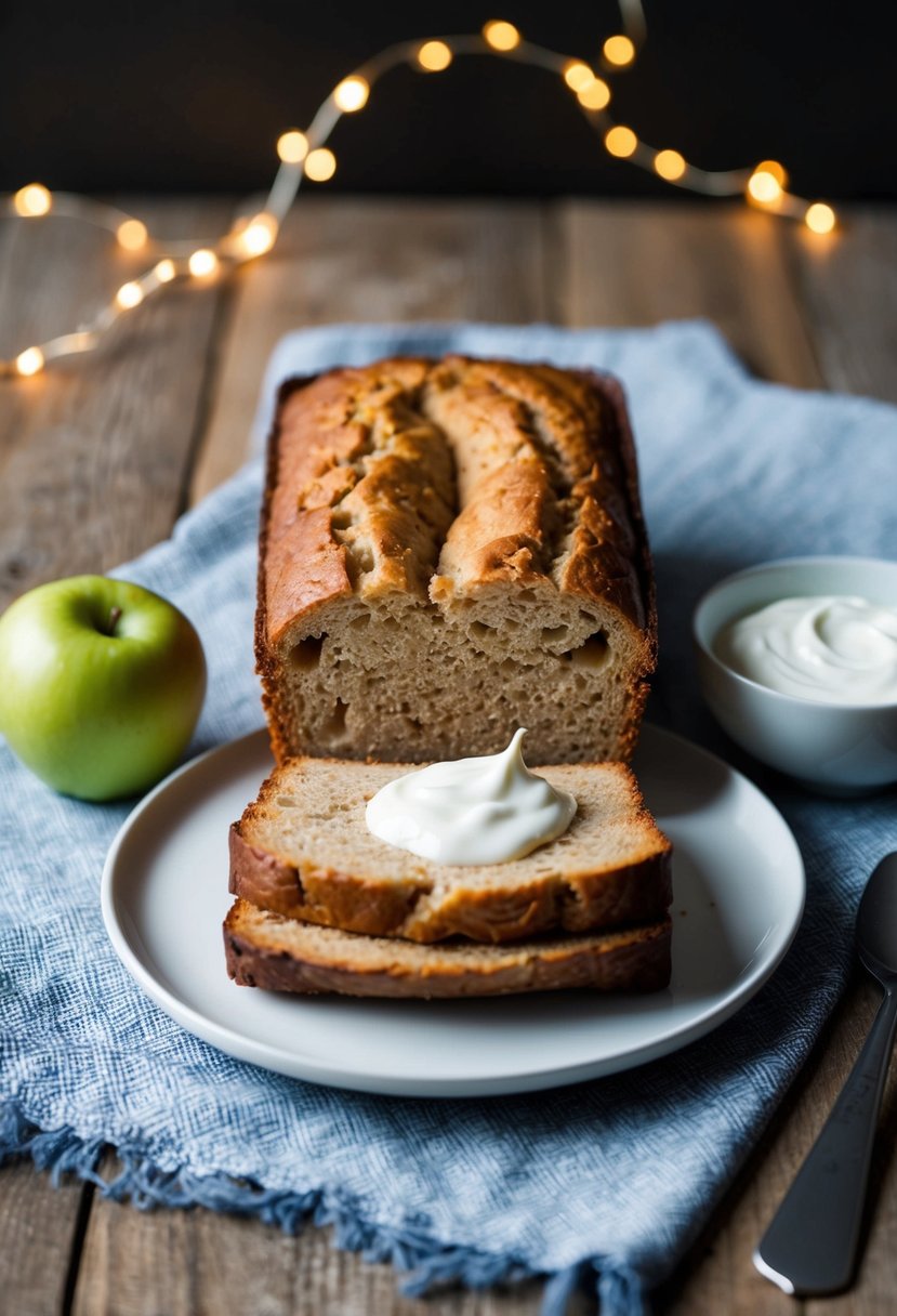 A loaf of apple bread surrounded by a dollop of Greek yogurt