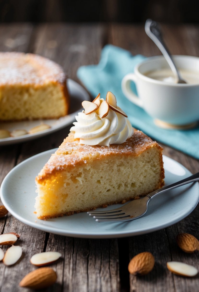 A slice of Almond Amaretto Cake on a rustic wooden table with a dollop of whipped cream and a sprinkle of sliced almonds on top