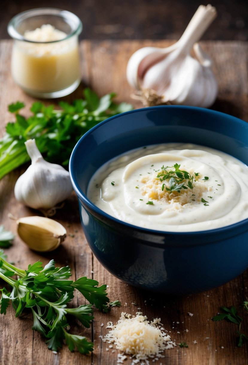 A bowl of Greek yogurt sits next to a pot of simmering Alfredo sauce, surrounded by garlic, parmesan cheese, and fresh herbs